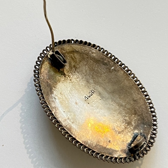 Midcentury 1940's Silver Filagree Brooch - Set with Blue stone - Picture 7 of 14